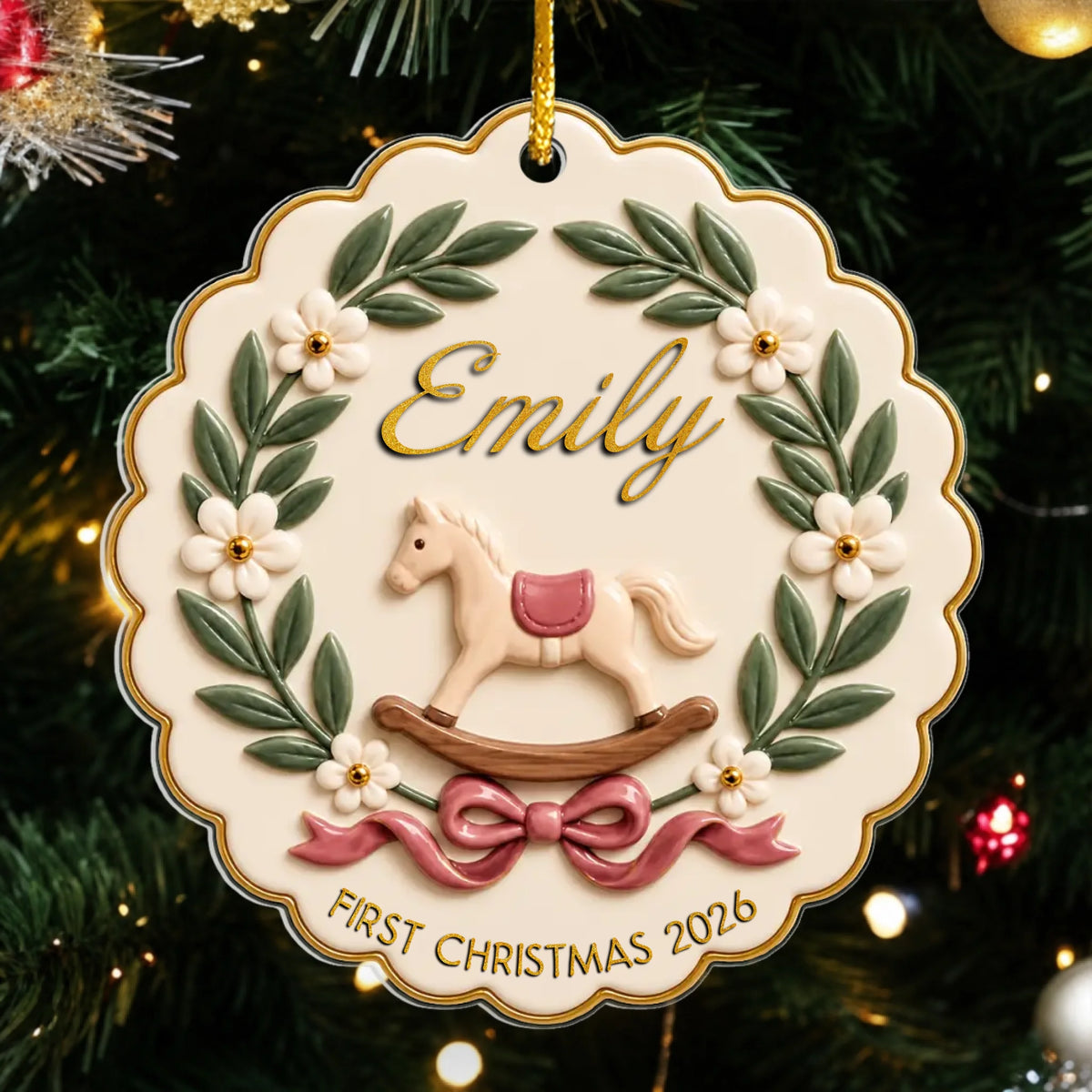Personalized rocking horse baby acrylic ornament – personalization preview