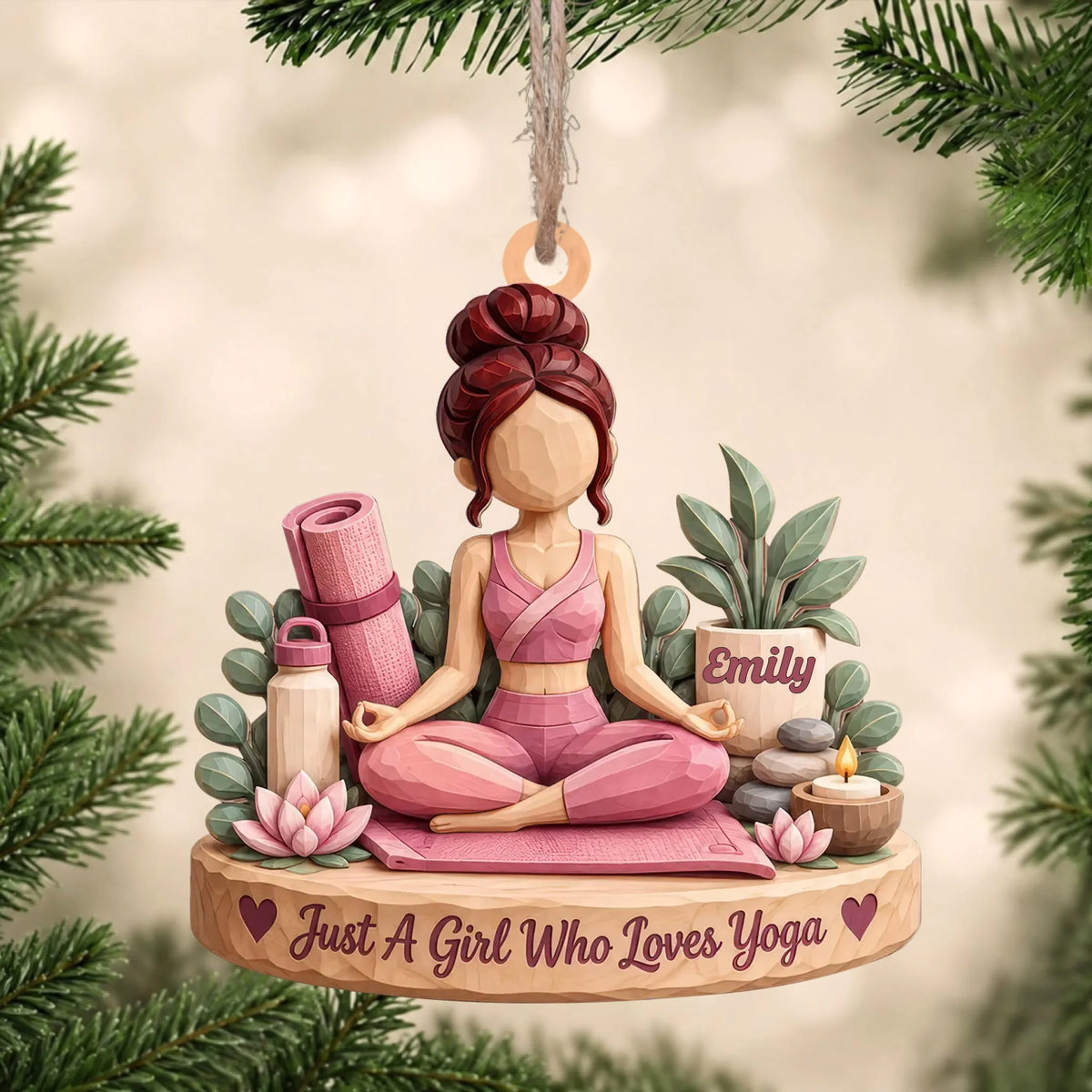 Personalized yoga wood ornament – personalization preview