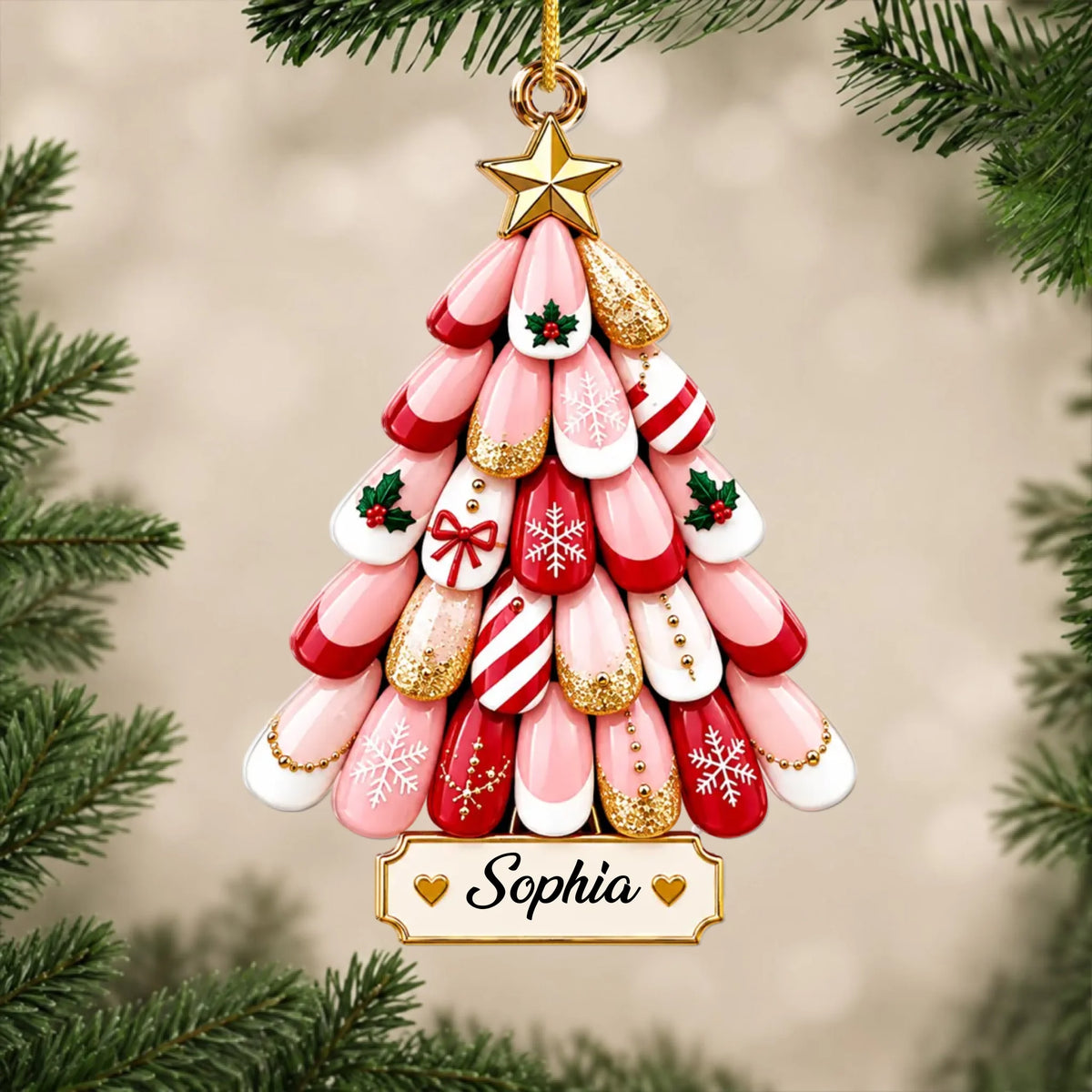 Personalized Christmas nail art tree acrylic ornament – personalization preview