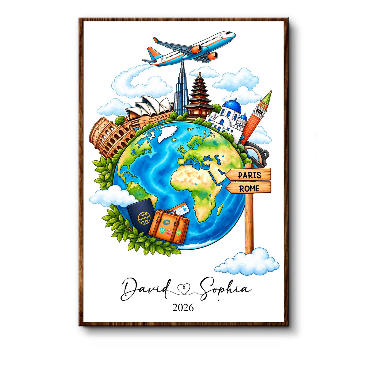 Watercolor travel globe personalized poster – personalization preview
