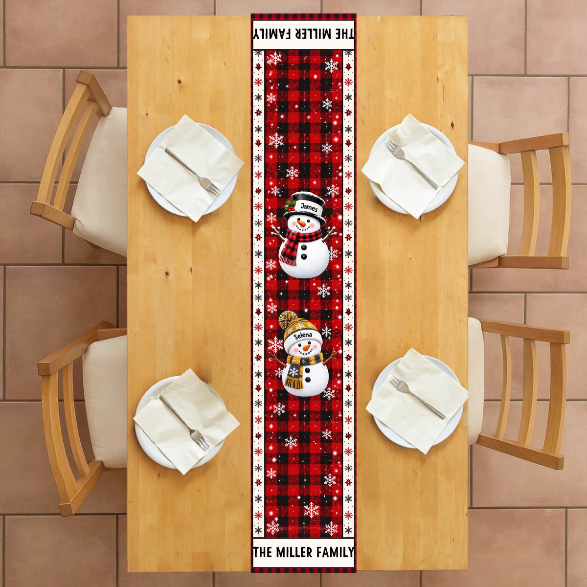 Personalized Snowman Family Christmas Table Runner – personalization preview