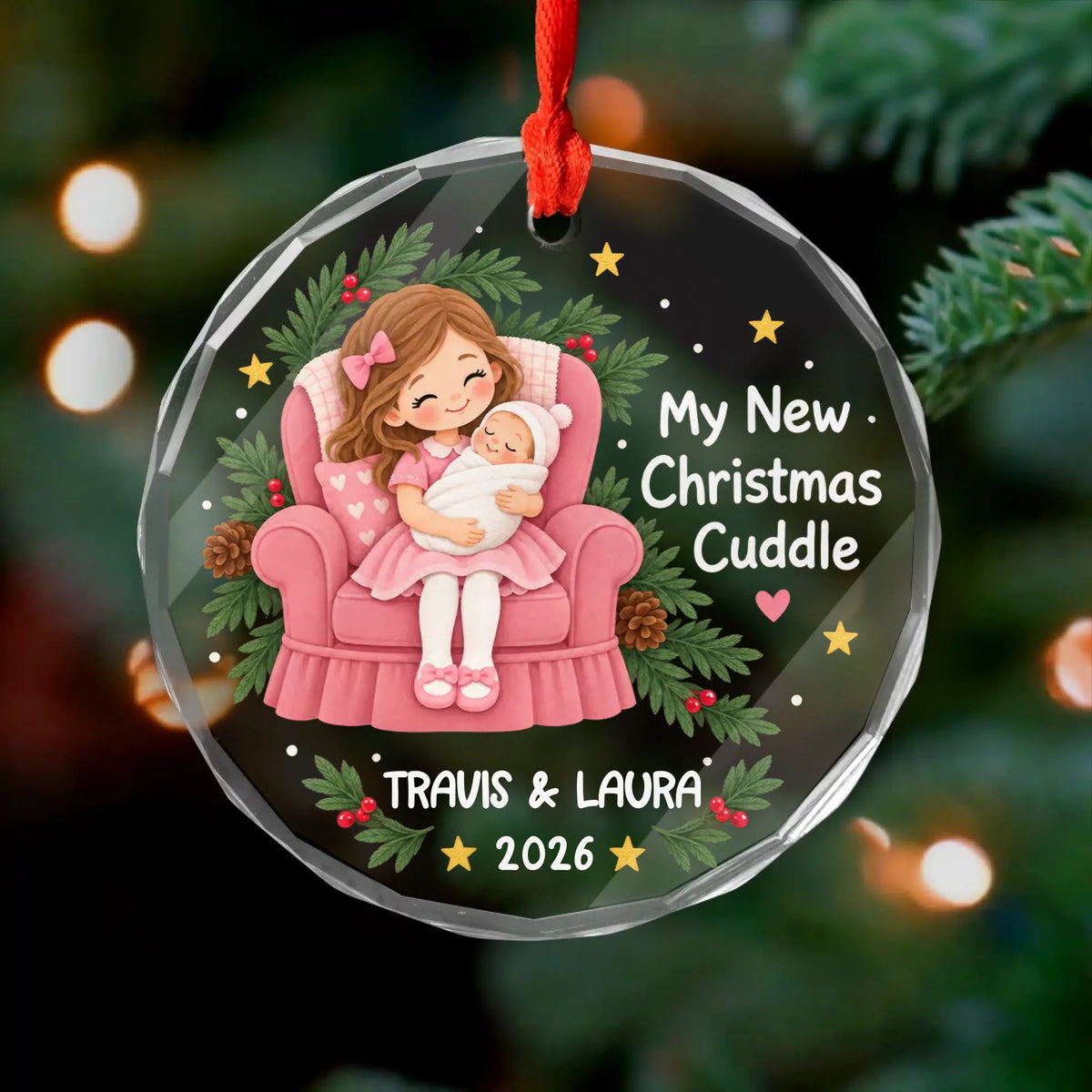 Personalized glass ornament My New Christmas Cuddle – personalization preview