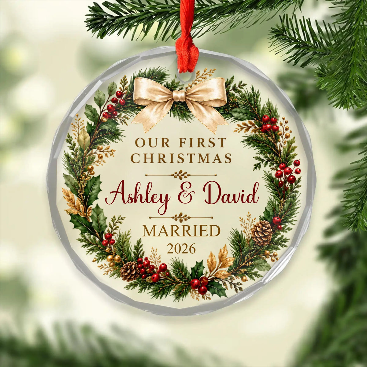 Personalized glass ornament first Christmas married – personalization preview