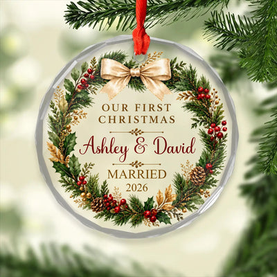 Personalized glass ornament first Christmas married – personalization preview