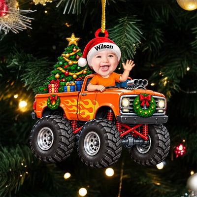 Personalized orange monster truck acrylic ornament – personalization preview