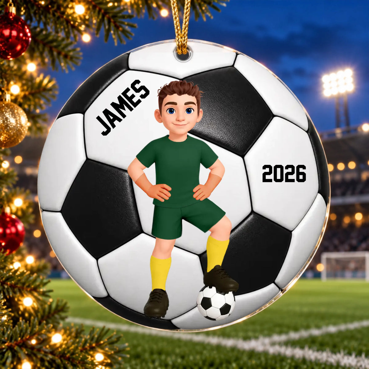 Personalized soccer acrylic ornament – personalization preview