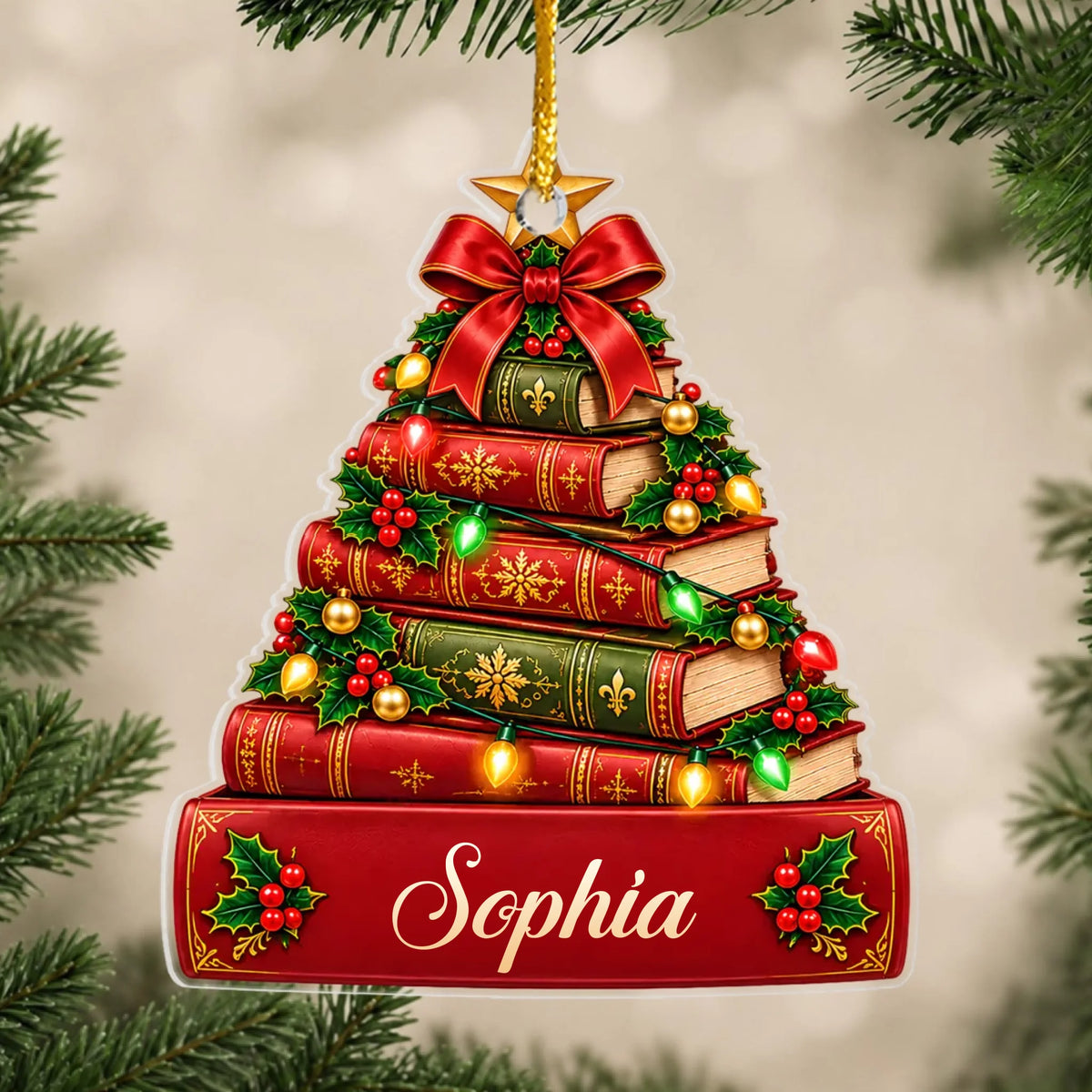 Personalized book Christmas tree acrylic ornament – personalization preview