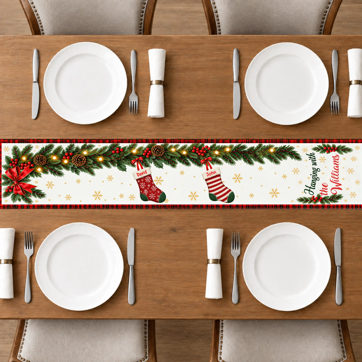 Custom family name stockings table runner – personalization preview