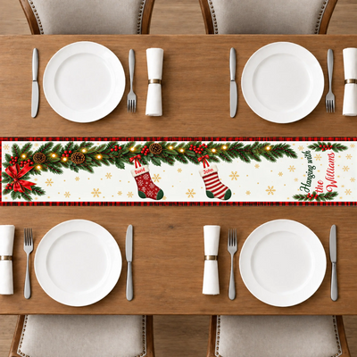 Custom family name stockings table runner – personalization preview