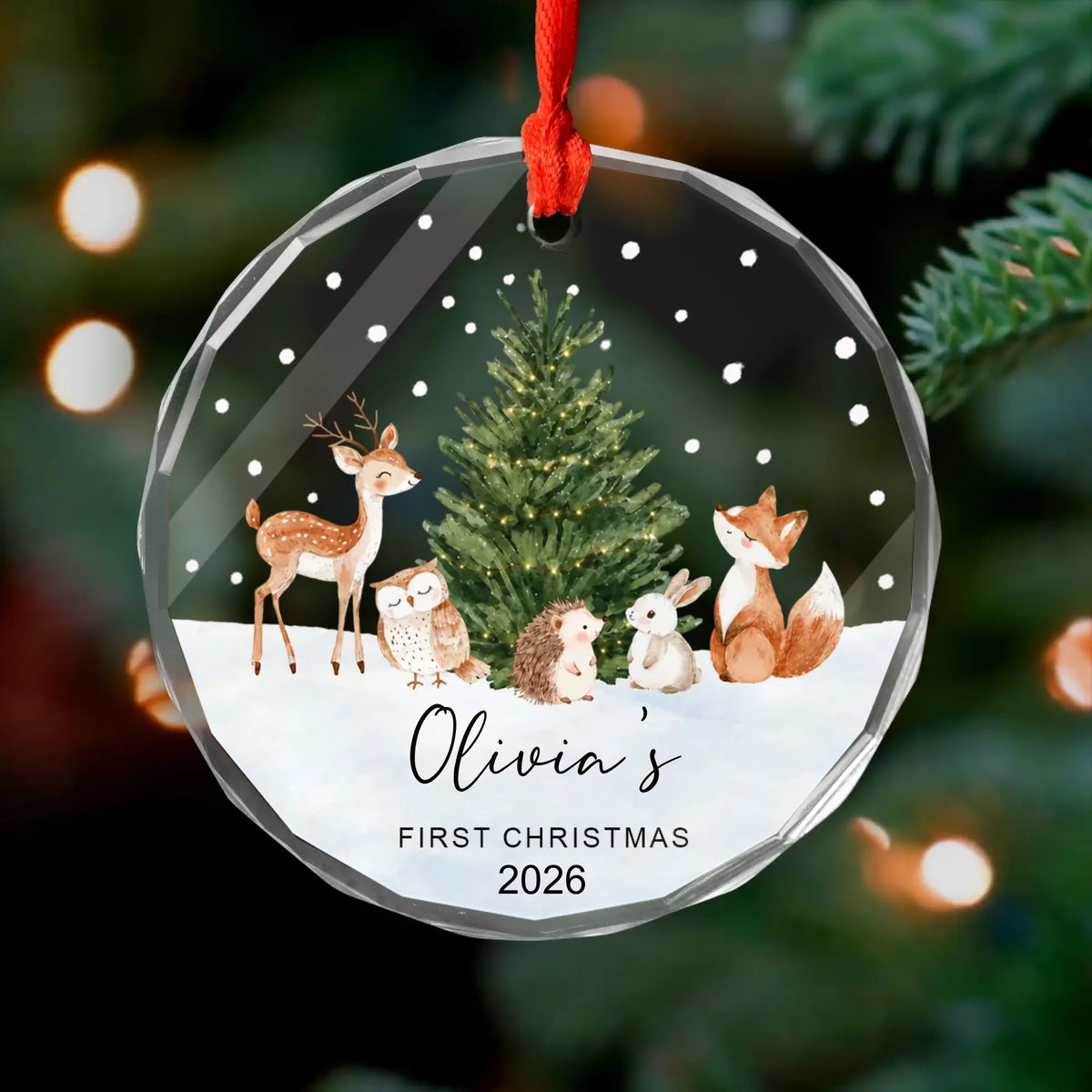 Personalized Woodland Animals Glass Ornament – personalization preview