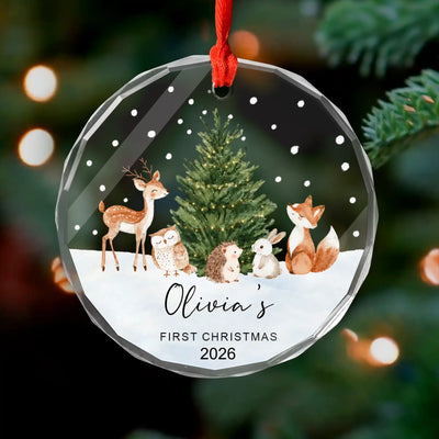 Personalized Woodland Animals Glass Ornament – personalization preview