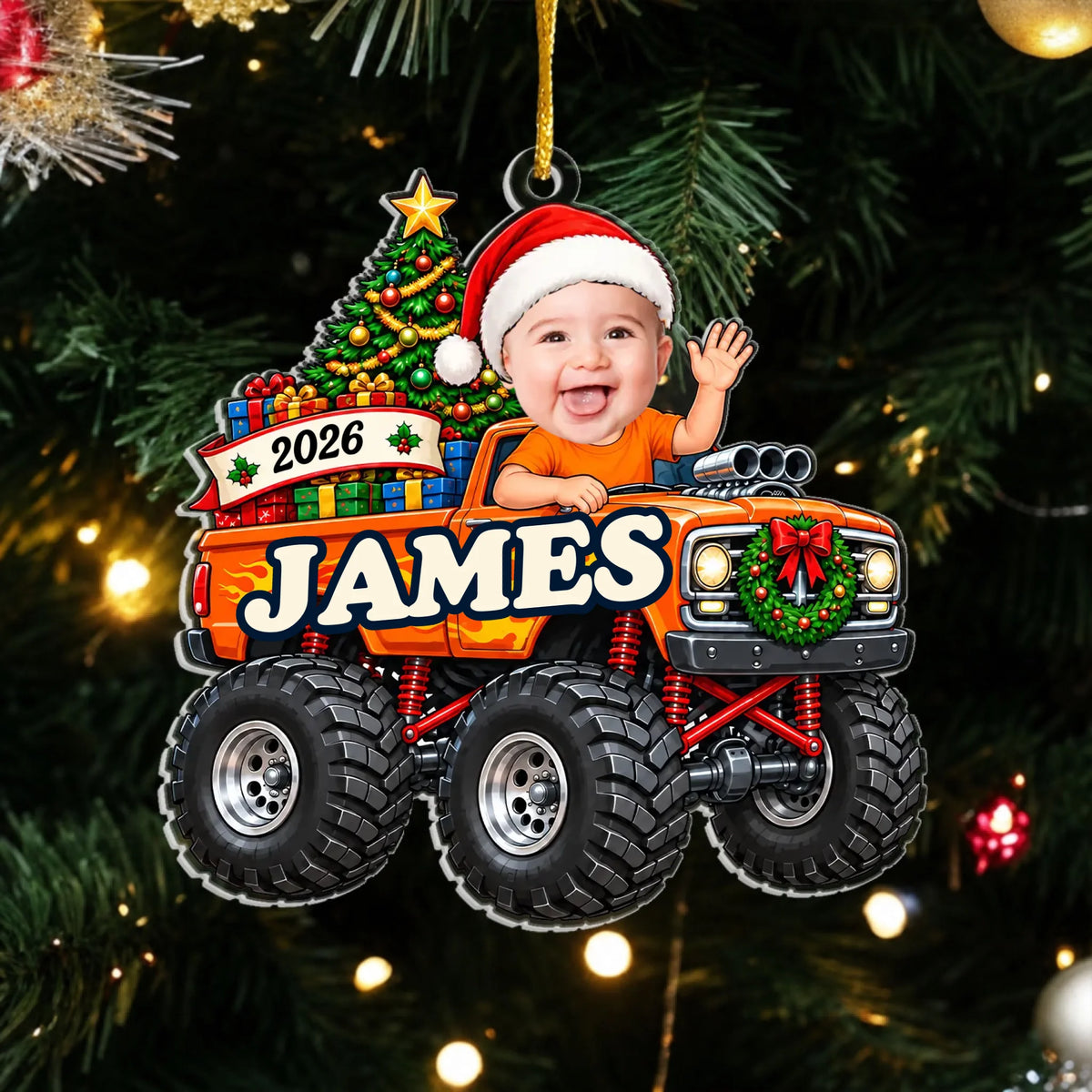 Personalized monster truck acrylic ornament – personalization preview