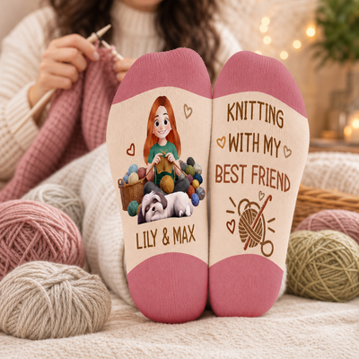 Knitting With My Best Friend  - Personalized Middle Tube Socks, Dog And Owner Crochet Socks, Gift For Crochet & Dog Lovers