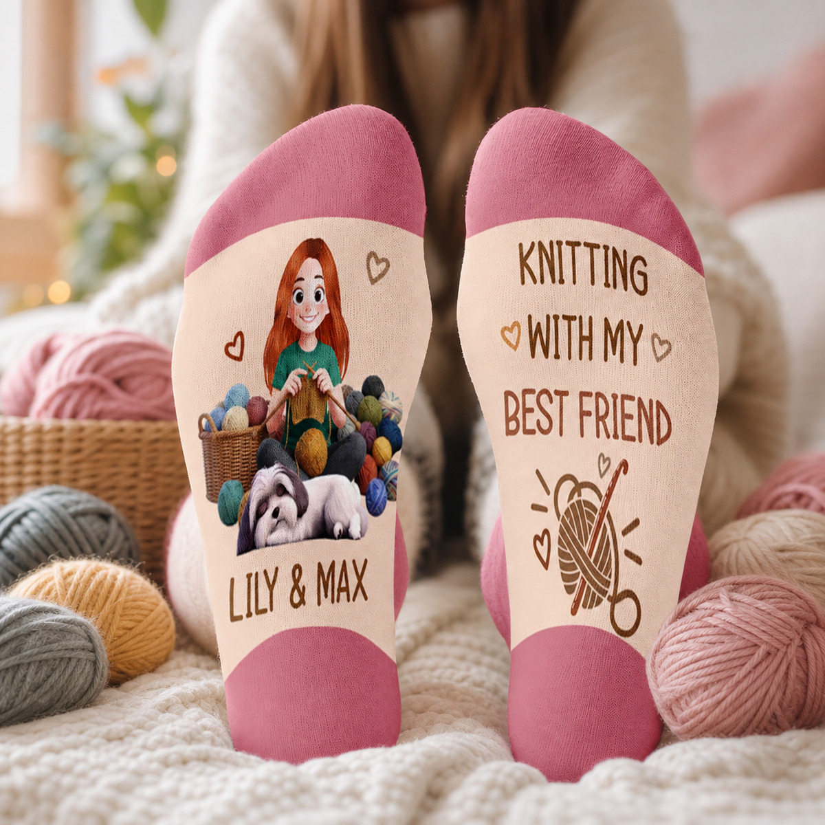 Knitting With My Best Friend  - Personalized Middle Tube Socks, Dog And Owner Crochet Socks, Gift For Crochet &amp; Dog Lovers