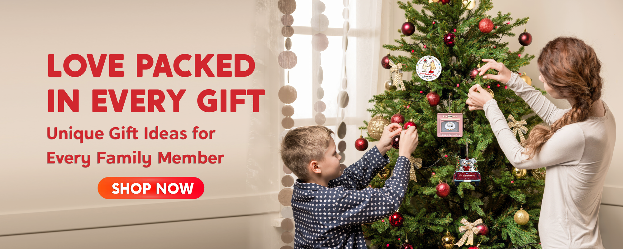 Two children decorating a Christmas tree with ornaments, promotional text for unique gift ideas.