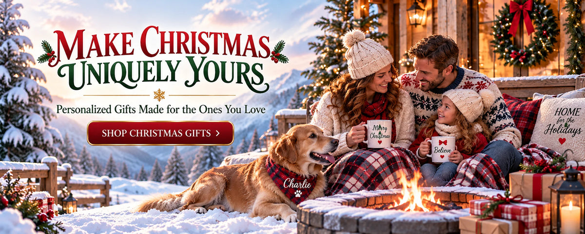 Personalized Christmas gifts for family and pet lovers, featuring custom holiday mugs, a smiling family and golden retriever by a cozy outdoor fire.