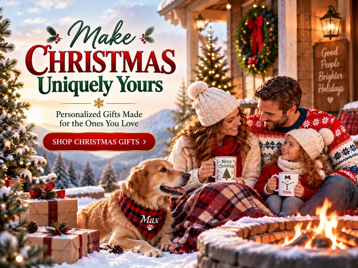 Cozy family Christmas scene with personalized holiday mugs, a golden retriever, wrapped gifts and warm cabin lights in the snow.