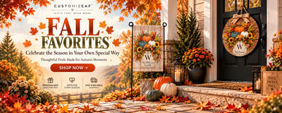 Personalized fall home decor featuring a pumpkin and sunflower garden flag, custom autumn door sign, and cozy front porch decorations.