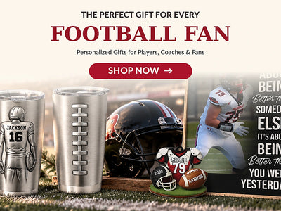 Personalized gifts for football fans featuring engraved stainless steel tumblers, football helmet, football and a custom player poster.