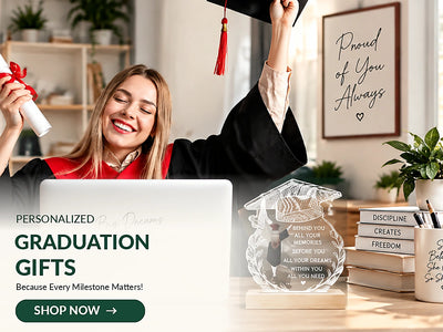 Personalized graduation gifts with a smiling graduate holding a diploma beside a custom acrylic graduation keepsake plaque.