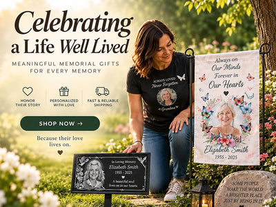 Personalized memorial gifts displayed in a peaceful garden, including a custom photo remembrance flag and keepsakes honoring a loved one.