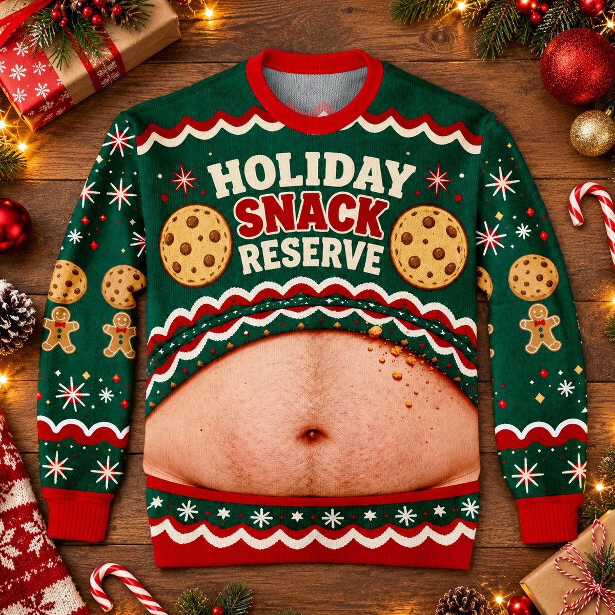 Holiday Snack Reserve, Christmas Wool Sweater, Retro Cookie And Gingerbread Design, Christmas Gift
