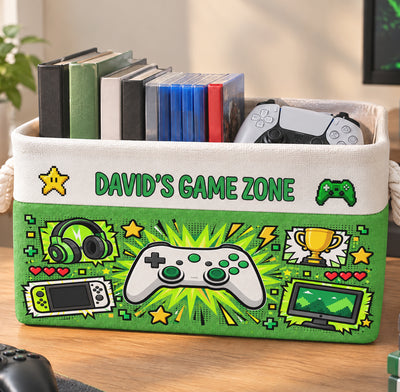 Game Zone - Personalized Storage Basket, Custom Name Gamer Organizer, Boys Girls Gift