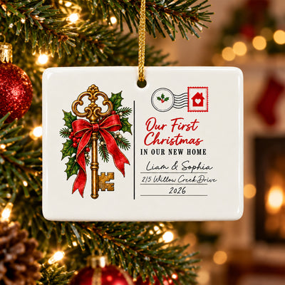Our First Christmas - Personalized Rectangle Ceramic Ornament, Vintage Skeleton Key Postcard Christmas Rectangular Ornament
