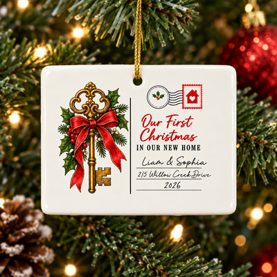Our First Christmas - Personalized Rectangle Ceramic Ornament, Vintage Skeleton Key Postcard Christmas Rectangular Ornament