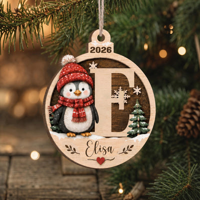 Penguin Wooden Monogram- Personalized Wooden Ornament, Initial Christmas Ornament 2026, Christmas Gift for Kids & Family