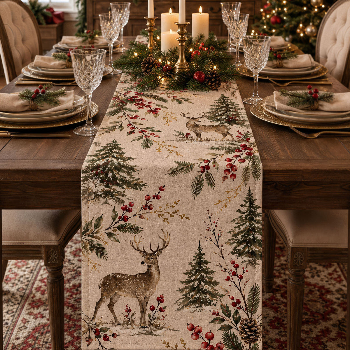 Woodland Deer Holiday - Personalized Table Runner, Botanical Reindeer Runner, Elegant Rustic Christmas Dining Decor