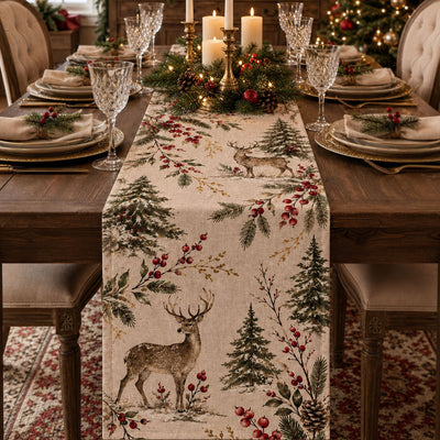 Woodland Deer Holiday - Personalized Table Runner, Botanical Reindeer Runner, Elegant Rustic Christmas Dining Decor