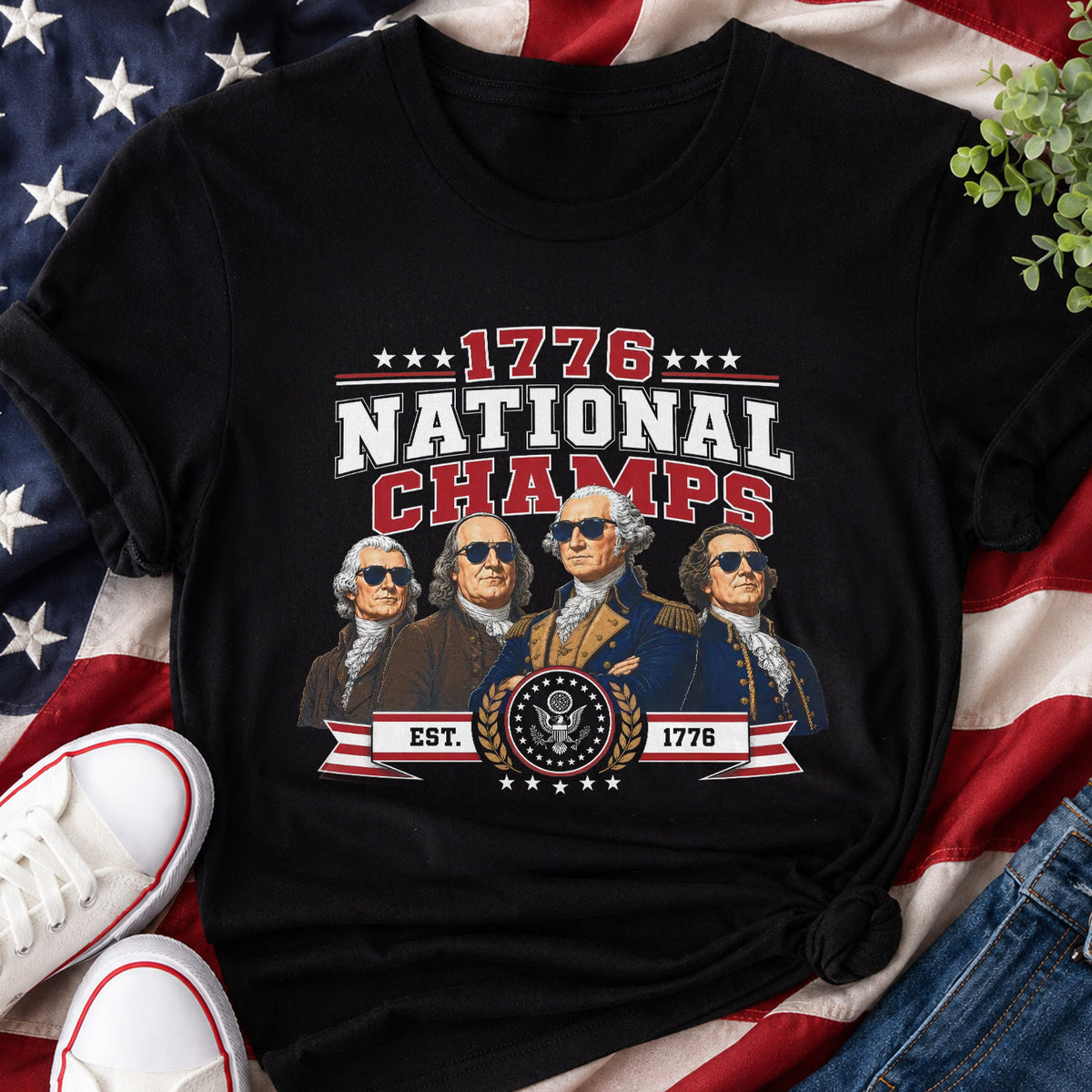 Funny Founding Fathers 1776 National Champs Washed Cotton T-shirt, America 250th Anniversary Tee, Patriotic Gift, Fourth of July Tee
