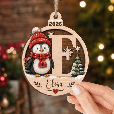 Penguin Wooden Monogram- Personalized Wooden Ornament, Initial Christmas Ornament 2026, Christmas Gift for Kids & Family