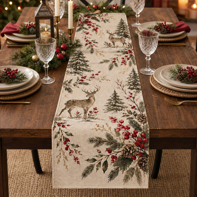 Woodland Deer Holiday - Personalized Table Runner, Botanical Reindeer Runner, Elegant Rustic Christmas Dining Decor