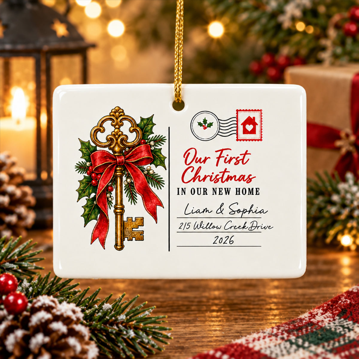 Our First Christmas - Personalized Rectangle Ceramic Ornament, Vintage Skeleton Key Postcard Christmas Rectangular Ornament