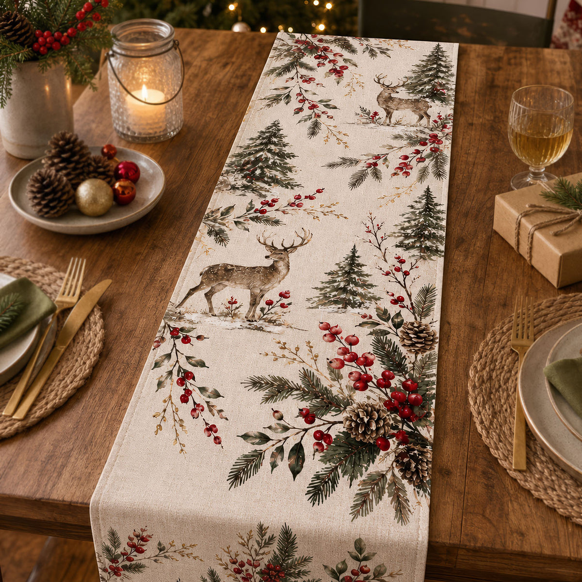 Woodland Deer Holiday - Personalized Table Runner, Botanical Reindeer Runner, Elegant Rustic Christmas Dining Decor