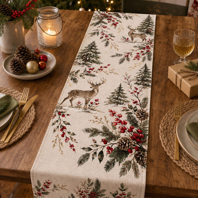 Woodland Deer Holiday - Personalized Table Runner, Botanical Reindeer Runner, Elegant Rustic Christmas Dining Decor
