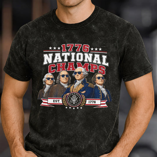 Funny Founding Fathers 1776 National Champs Washed Cotton T-shirt, America 250th Anniversary Tee, Patriotic Gift, Fourth of July Tee