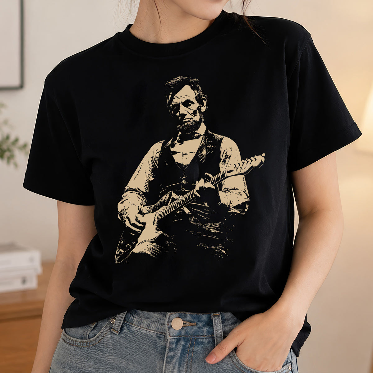 Blue Toile President Abraham Lincoln Playing Guitar T-Shirt, Abe Lincoln Shirt, Funny History Music Lover Gift, Vintage Political Humor Tee