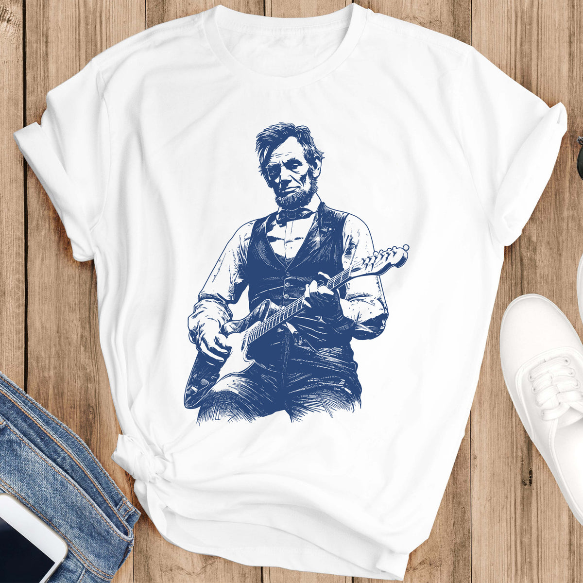 Blue Toile President Abraham Lincoln Playing Guitar T-Shirt, Abe Lincoln Shirt, Funny History Music Lover Gift, Vintage Political Humor Tee