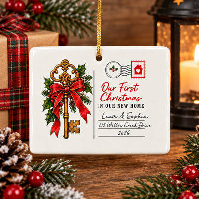 Our First Christmas - Personalized Rectangle Ceramic Ornament, Vintage Skeleton Key Postcard Christmas Rectangular Ornament