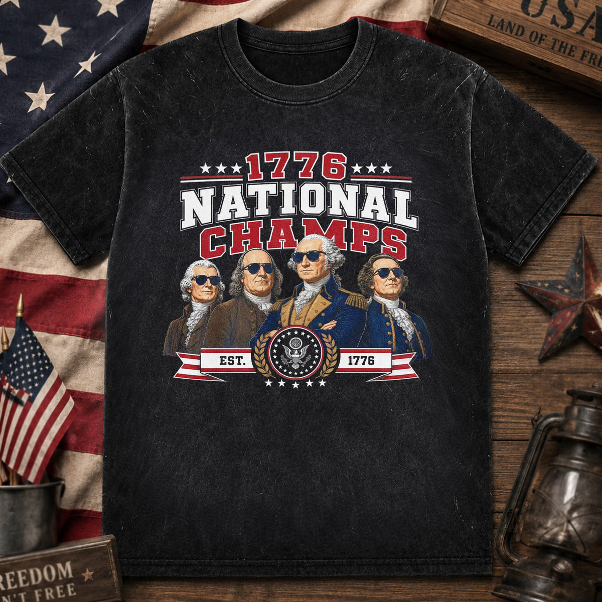 Funny Founding Fathers 1776 National Champs Washed Cotton T-shirt, America 250th Anniversary Tee, Patriotic Gift, Fourth of July Tee