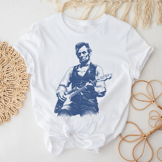 Blue Toile President Abraham Lincoln Playing Guitar T-Shirt, Abe Lincoln Shirt, Funny History Music Lover Gift, Vintage Political Humor Tee