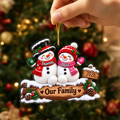 Faux 3D Snowman Family Winter Scene - Personalized Acrylic Ornament, Family Christmas Gift, Xmas Keepsake