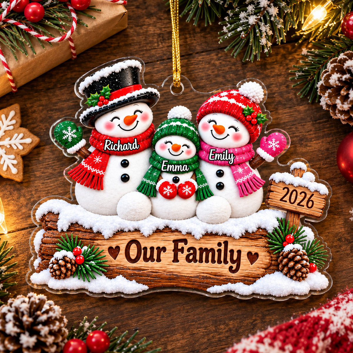 Faux 3D Snowman Family Winter Scene - Personalized Acrylic Ornament, Family Christmas Gift, Xmas Keepsake