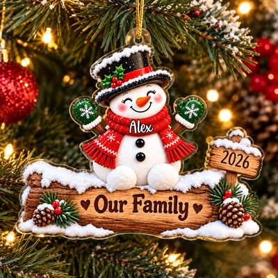 Faux 3D Snowman Family Winter Scene - Personalized Acrylic Ornament, Family Christmas Gift, Xmas Keepsake
