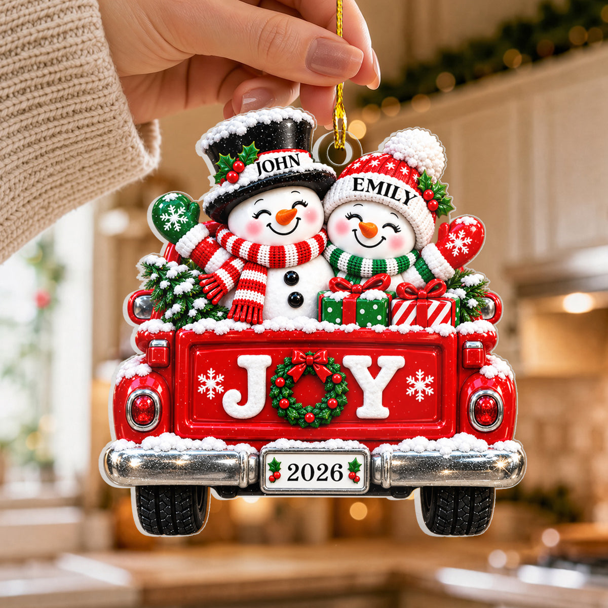 Faux 3D Winter Vehicle Snowman Couple - Personalized Acrylic Ornament, Christmas Gift for Couple