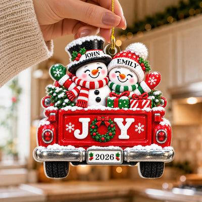 Faux 3D Winter Vehicle Snowman Couple - Personalized Acrylic Ornament, Christmas Gift for Couple