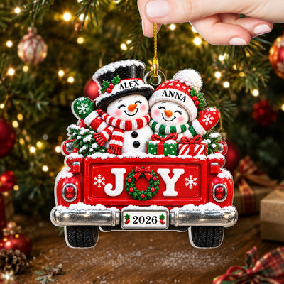 Faux 3D Winter Vehicle Snowman Couple - Personalized Acrylic Ornament, Christmas Gift for Couple